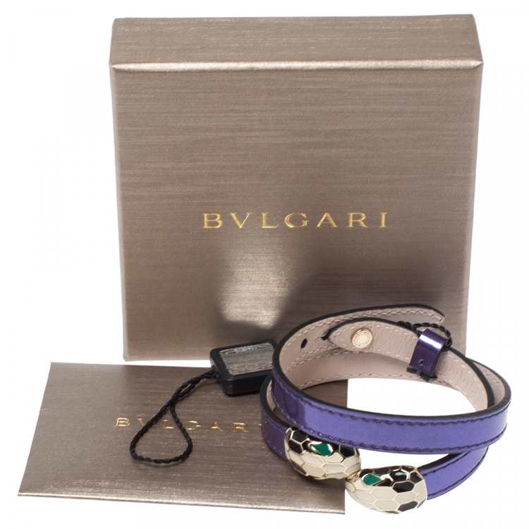 Pre Owned Bvlgari Metallic Purple Leather Serpenti Forever Double Coiled Bracelet