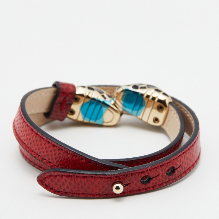 Pre Owned Bvlgari Serpenti Forever Red Karung Leather Double Wrap Bracelet