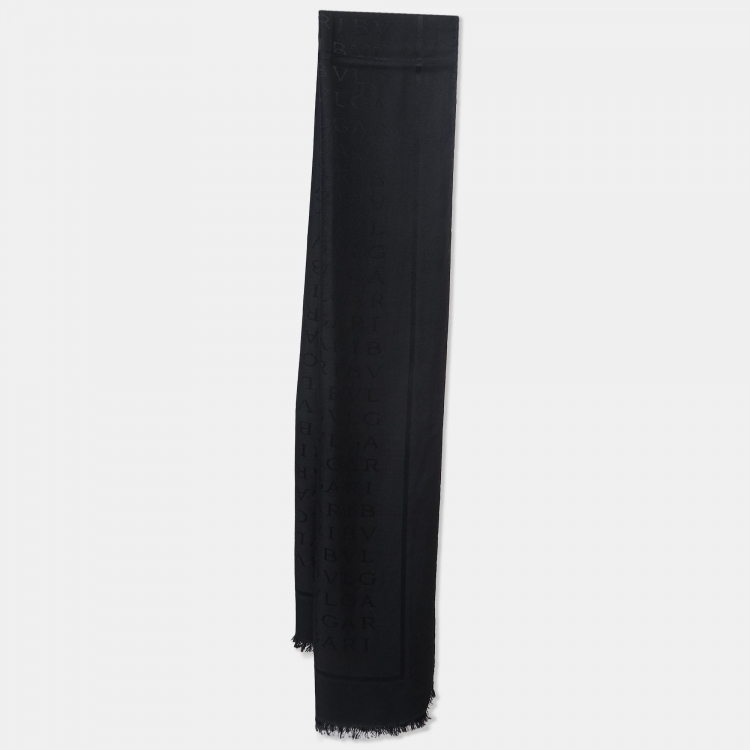 Pre Owned Bvlgari Black Wool and Silk Logomania Scarf