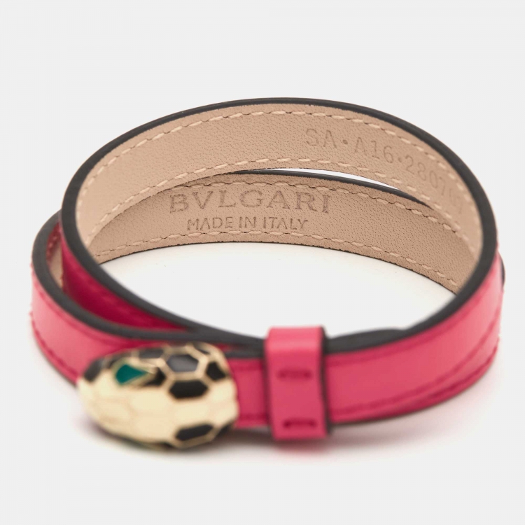 Pre Owned Bvlgari Serpenti Forever Double Coiled Leather Gold Tone Bracelet