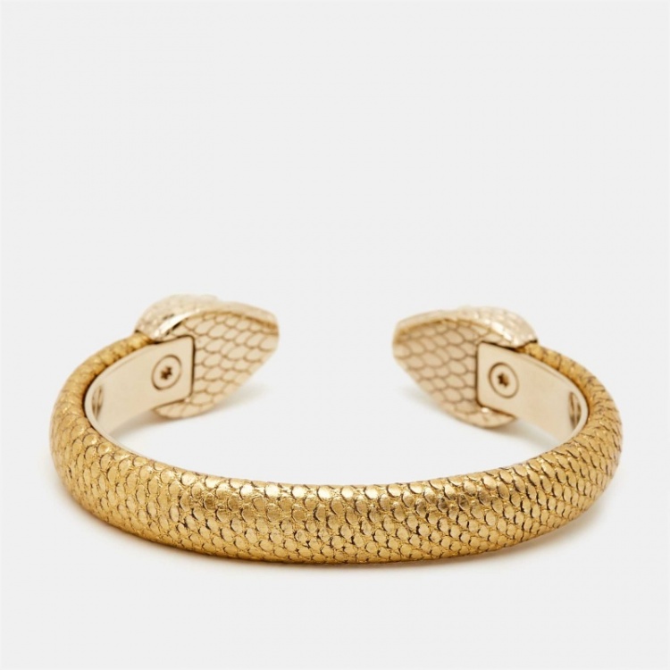 Pre Owned Bvlgari Serpenti Forever Leather Enamel Gold Tone Cuff Bracelet