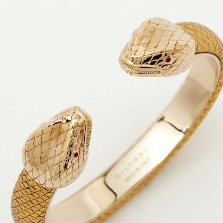 Pre Owned Bvlgari Serpenti Forever Leather Enamel Gold Tone Cuff Bracelet