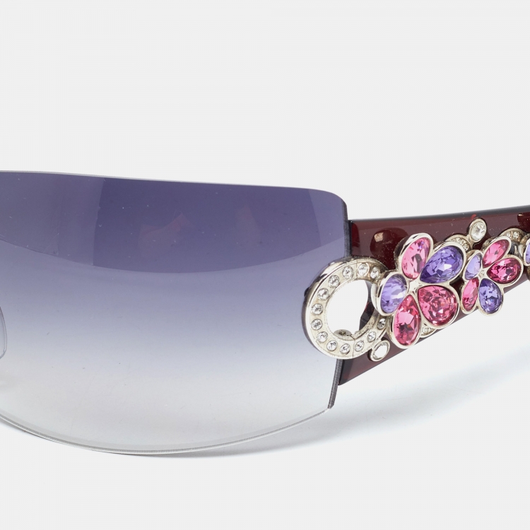 Pre Owned Bvlgari Grey Gradient Crystal Flower 652-B Shield Sunglasses