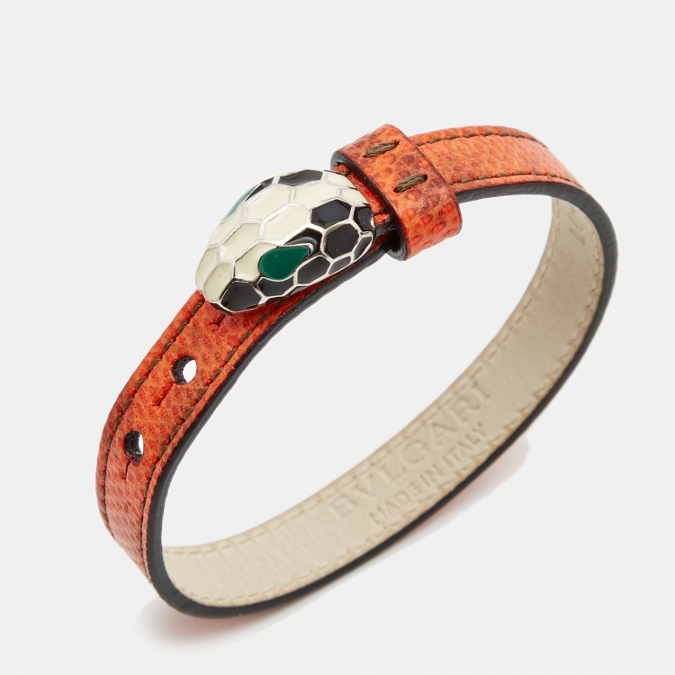 Pre Owned Bvlgari Serpenti Forever Enamel Leather Silver Tone Bracelet