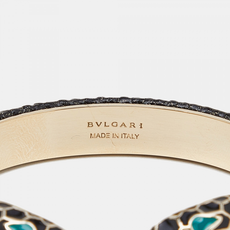 Pre Owned Bvlgari Serpenti Forever Metallic Black Embossed Leather Open Cuff Bracelet