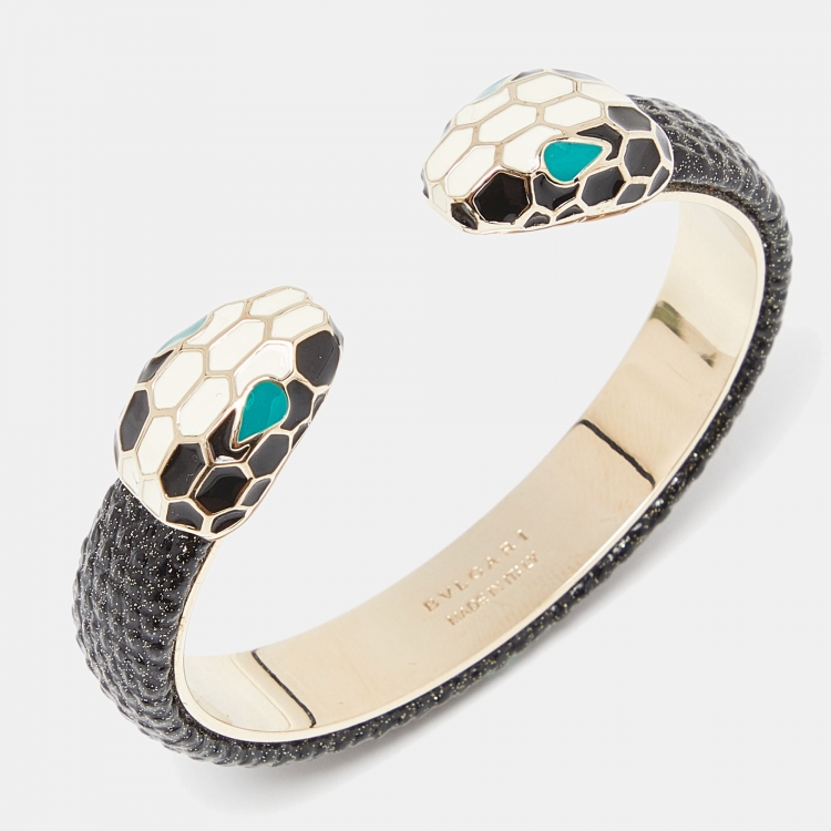 Pre Owned Bvlgari Serpenti Forever Metallic Black Embossed Leather Open Cuff Bracelet