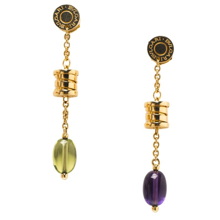Pre Owned Bvlgari B.Zero1 18k Yellow Gold Peridot & Amethyst Dangle Earrings
