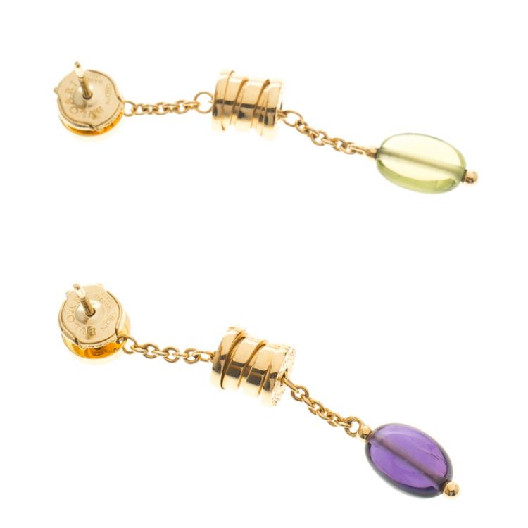 Pre Owned Bvlgari B.Zero1 18k Yellow Gold Peridot & Amethyst Dangle Earrings