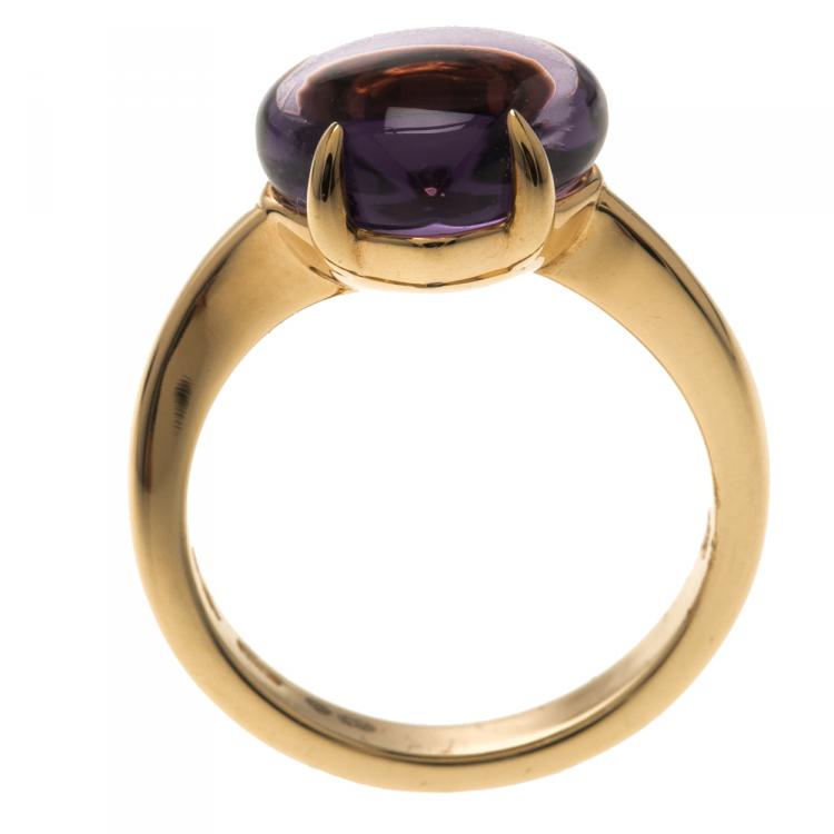 Pre Owned Bvlgari Sassi Amethyst Cabochon 18k Yellow Gold Ring Size 50