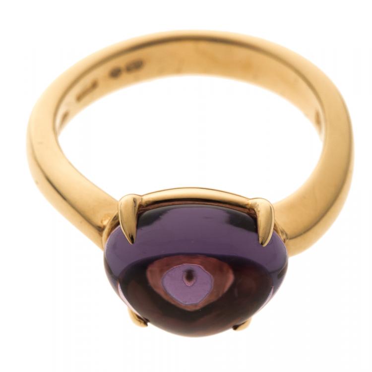 Pre Owned Bvlgari Sassi Amethyst Cabochon 18k Yellow Gold Ring Size 50