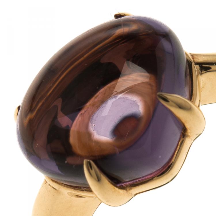 Pre Owned Bvlgari Sassi Amethyst Cabochon 18k Yellow Gold Ring Size 50
