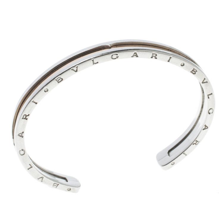 Pre Owned Bvlgari B.Zero1 Steel & 18k Rose Gold Open Cuff Bracelet Size S