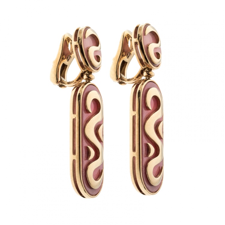 Pre Owned Bvlgari Vintage Rhodochrosite Inlay 18k Yellow Gold Clip-on Drop Earrings