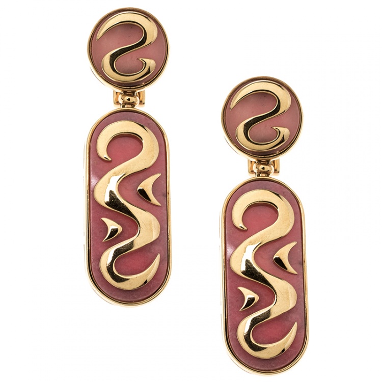 Pre Owned Bvlgari Vintage Rhodochrosite Inlay 18k Yellow Gold Clip-on Drop Earrings