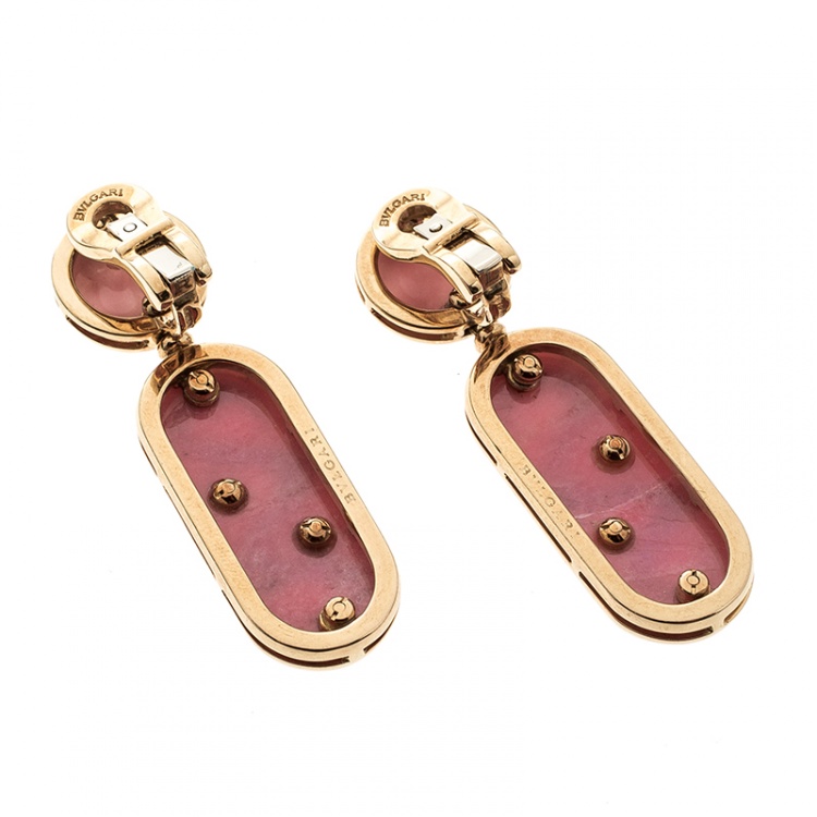 Pre Owned Bvlgari Vintage Rhodochrosite Inlay 18k Yellow Gold Clip-on Drop Earrings