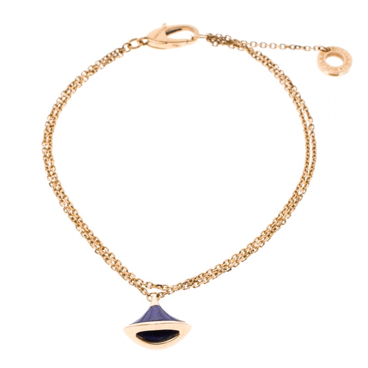 Pre Owned Bvlgari Divas' Dream Lapis Lazuli Charm 18K Rose Gold Chain Bracelet 18cm