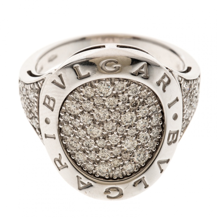 Pre Owned Bvlgari Pave Diamond 18k White Gold Cocktail Ring Size 56 