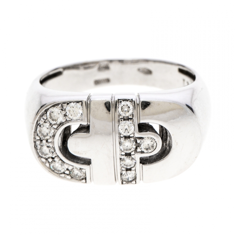 Pre Owned Bvlgari Parentesi Diamond 18k White Gold Ring Size 52