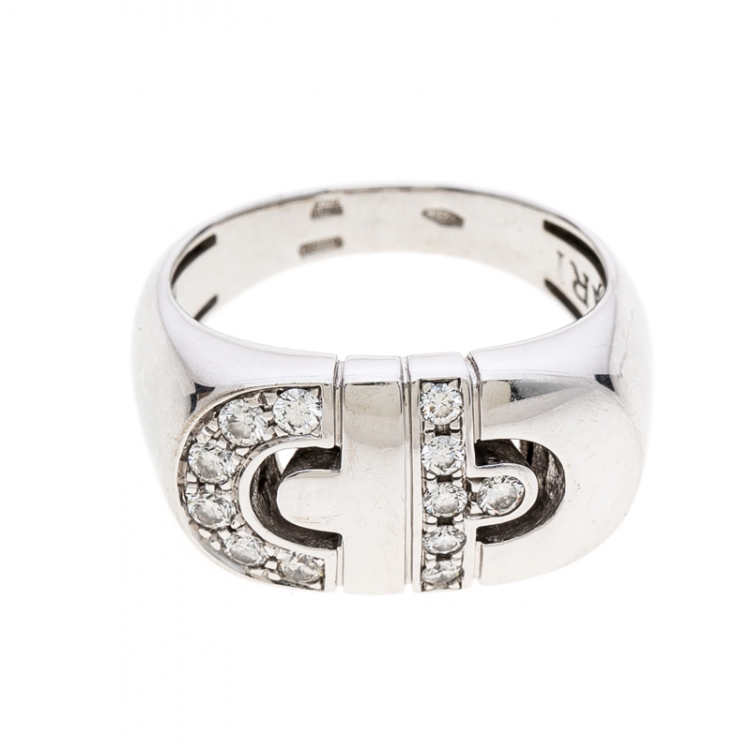 Pre Owned Bvlgari Parentesi Diamond 18k White Gold Ring Size 52