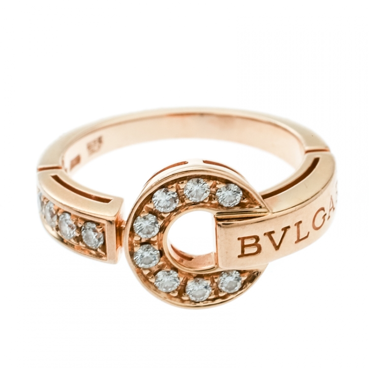 Pre Owned Bvlgari Bvlgari Pave Diamond 18k Rose Gold Ring Size 54