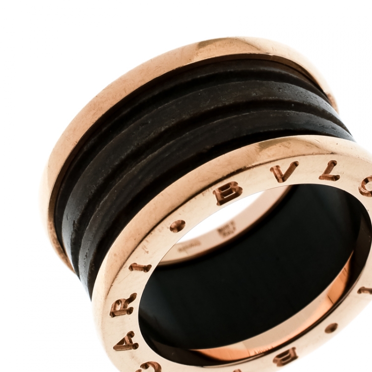 Pre Owned Bvlgari B.Zero1 Brown Marble 18k Rose Gold Band Ring Size 53