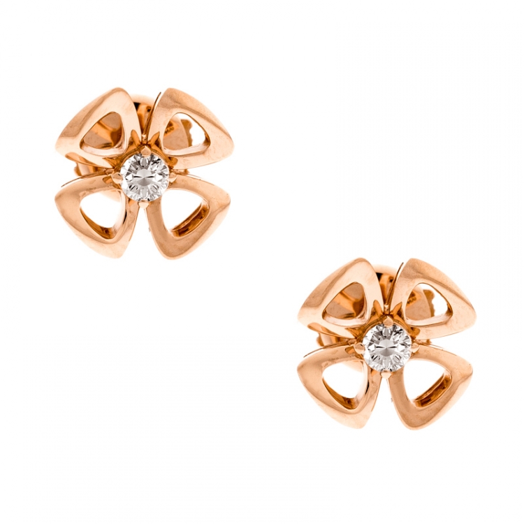 Pre Owned Bvlgari Fiorever Diamond 18k Rose Gold Flower Stud Earrings 