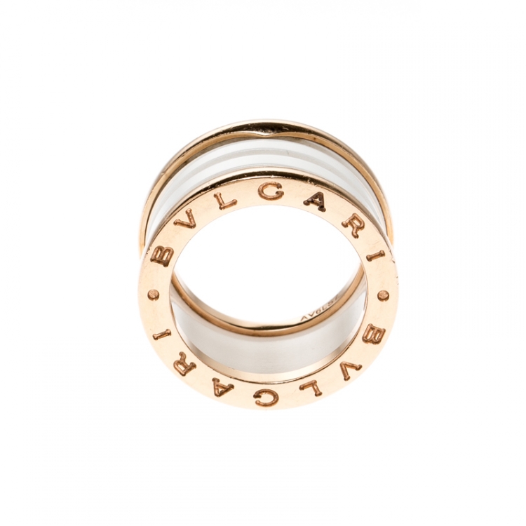 Pre Owned Bvlgari B.Zero1 4 Band White Ceramic 18k Rose Gold Ring Size 51