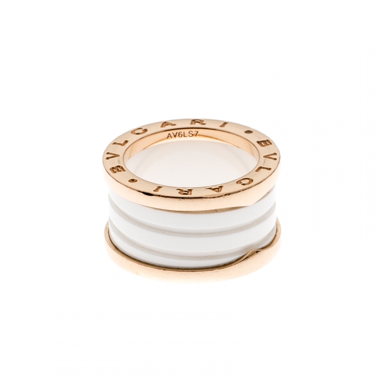 Pre Owned Bvlgari B.Zero1 4 Band White Ceramic 18k Rose Gold Ring Size 51