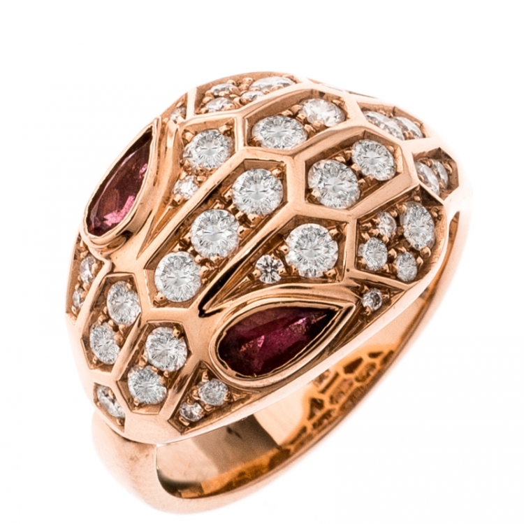 Pre Owned Bvlgari Serpenti Rubellite Diamond 18k Rose Gold Cocktail Ring Size 52