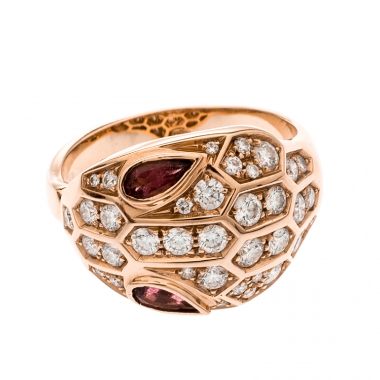 Pre Owned Bvlgari Serpenti Rubellite Diamond 18k Rose Gold Cocktail Ring Size 52