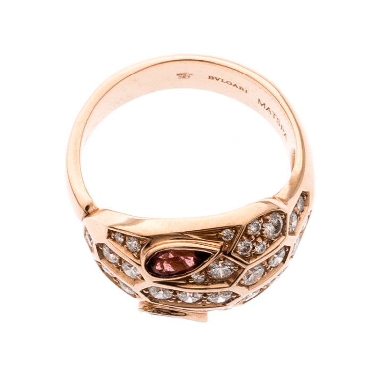 Pre Owned Bvlgari Serpenti Rubellite Diamond 18k Rose Gold Cocktail Ring Size 52