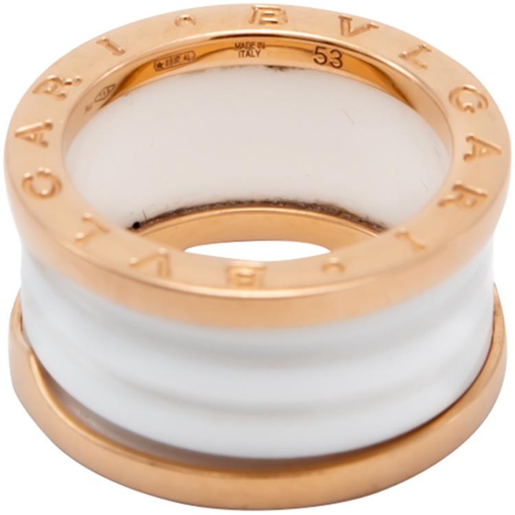 Pre Owned Bvlgari White B.Zero White Ceramic 18K Rose Gold Ring Size 53