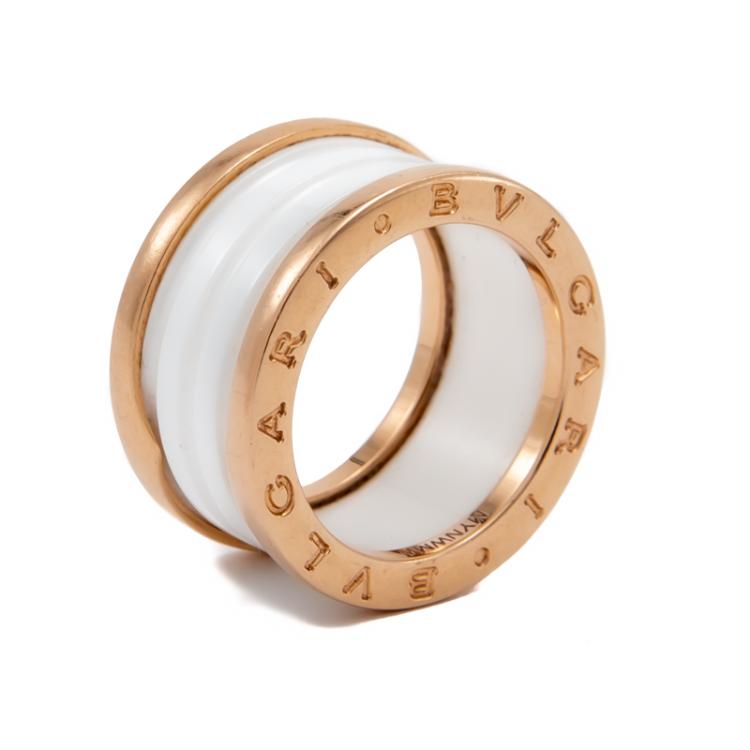 Pre Owned Bvlgari White B.Zero White Ceramic 18K Rose Gold Ring Size 53