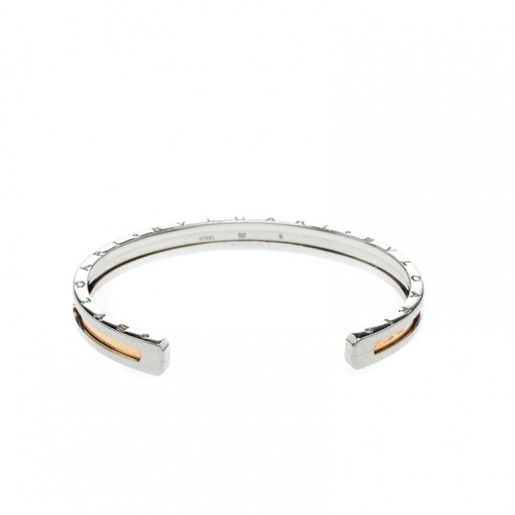Pre Owned Bvlgari B.Zero1 Stainless Steel 18k Gold Narrow Open Cuff Bracelet
