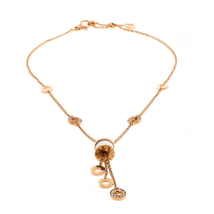 Pre Owned Bvlgari B.Zero1 Diamond White Ceramic 18k Rose Gold Pendant Necklace 