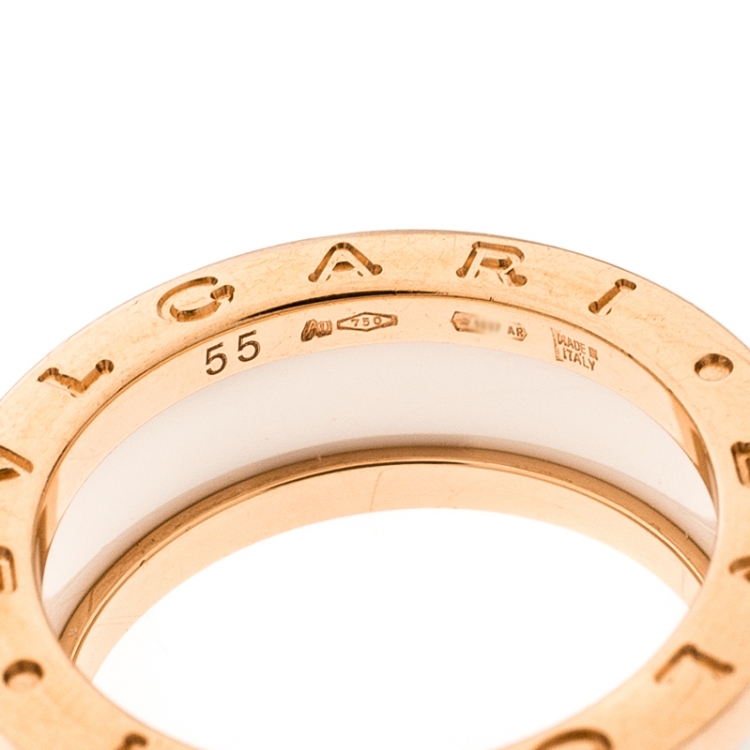 Pre Owned Bvlgari B.Zero1 White Ceramic 18k Rose Gold 2-Band Ring Size 55