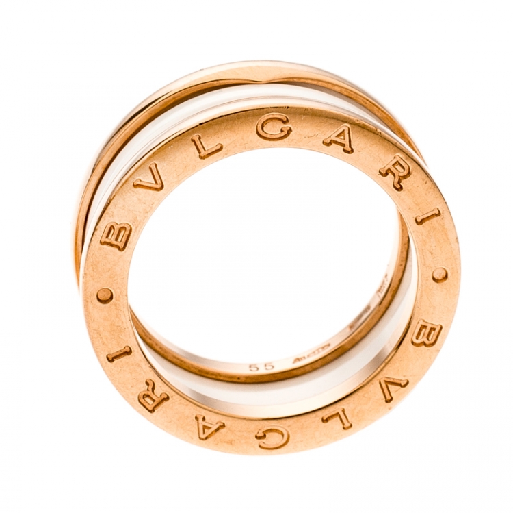 Pre Owned Bvlgari B.Zero1 White Ceramic 18k Rose Gold 2-Band Ring Size 55