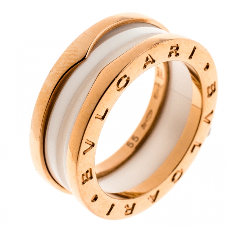 Pre Owned Bvlgari B.Zero1 White Ceramic 18k Rose Gold 2-Band Ring Size 55