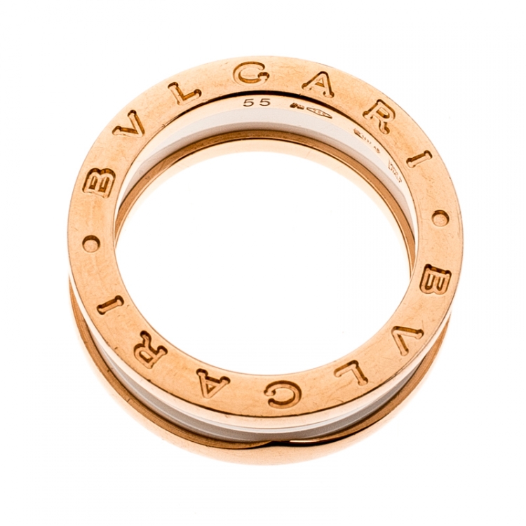Pre Owned Bvlgari B.Zero1 White Ceramic 18k Rose Gold 2-Band Ring Size 55