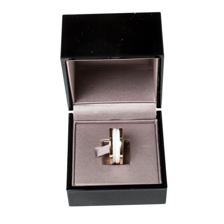Pre Owned Bvlgari B.Zero1 White Ceramic 18k Rose Gold 2-Band Ring Size 55