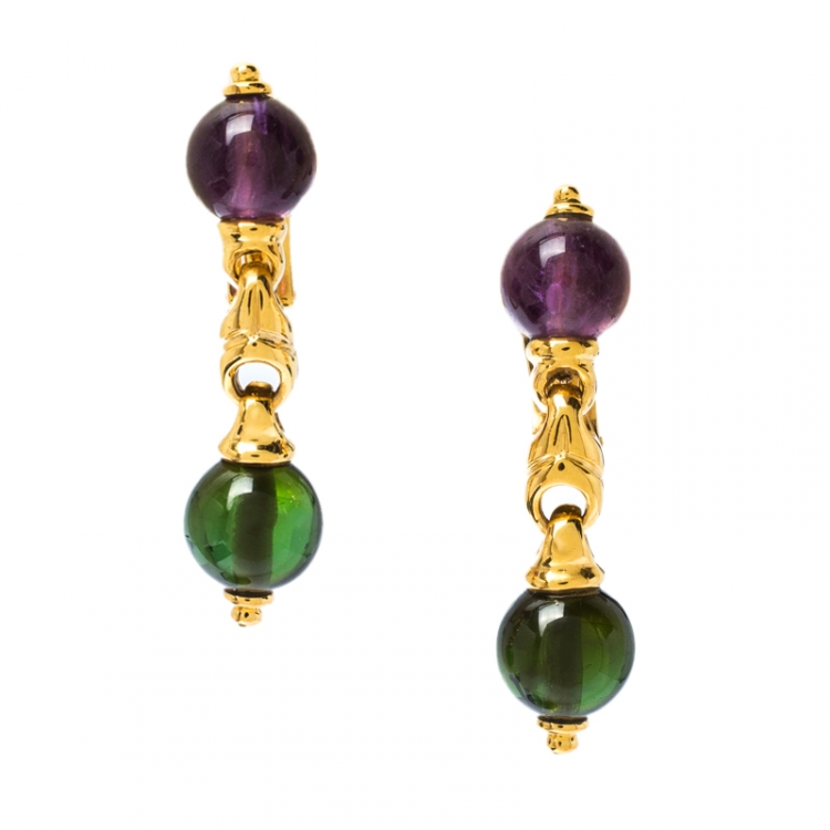 Pre Owned Bvlgari Amethyst Peridot 18k Yellow Gold Dangle Earrings