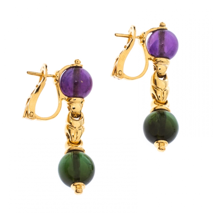 Pre Owned Bvlgari Amethyst Peridot 18k Yellow Gold Dangle Earrings