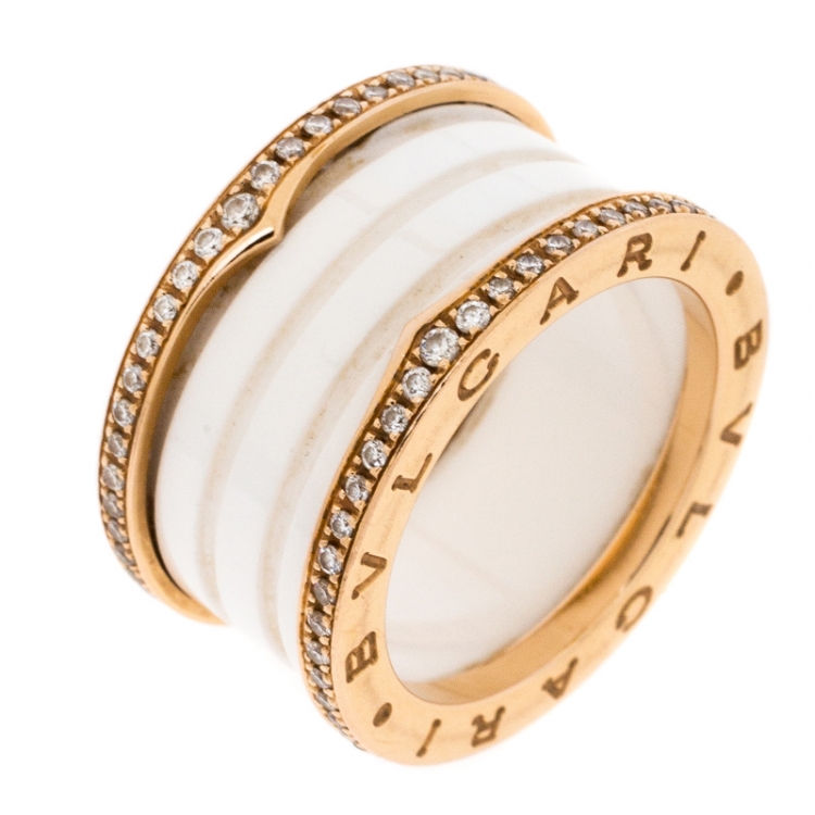 Pre Owned Bvlgari B.Zero1 White Ceramic Pave Diamond 18K Rose Gold 4-Band Ring Size 54