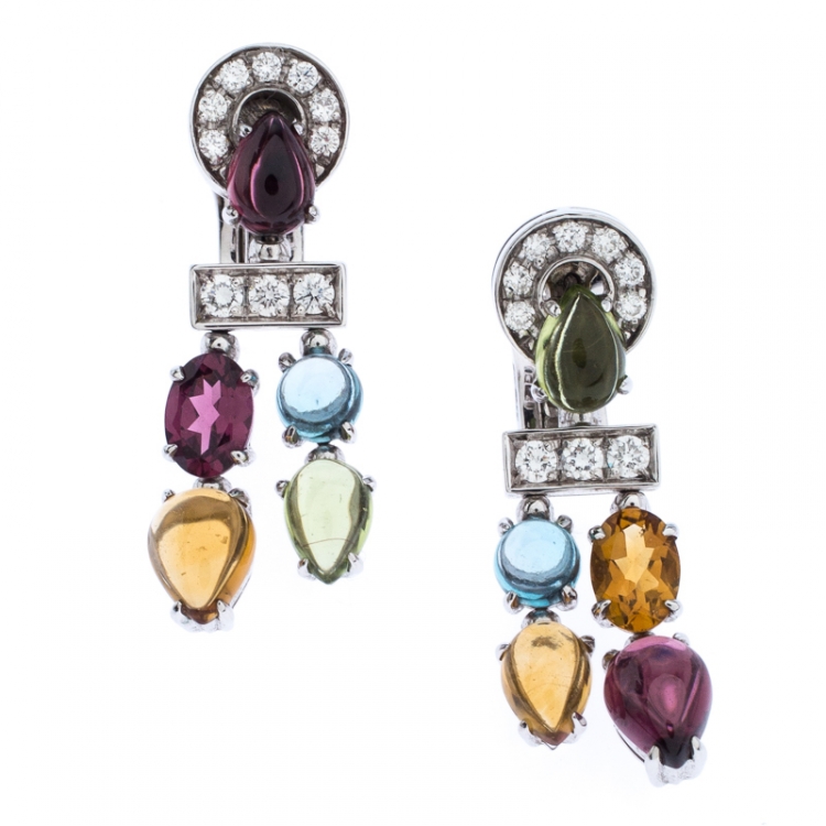 Pre Owned Bvlgari Allegra Diamond Multi-color Gemstone 18k White Gold Dangle Earrings