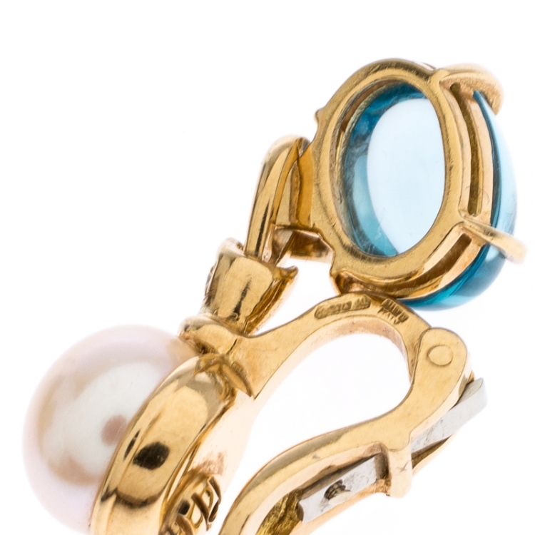 Pre Owned Bvlgari Allegra Cultured Pearl Diamond Blue Topaz 18k Yellow Gold Clip-on Drop Earrings