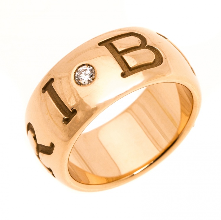 Pre Owned Bvlgari Monologo Diamond 18K Rose Gold Band Ring Size 49