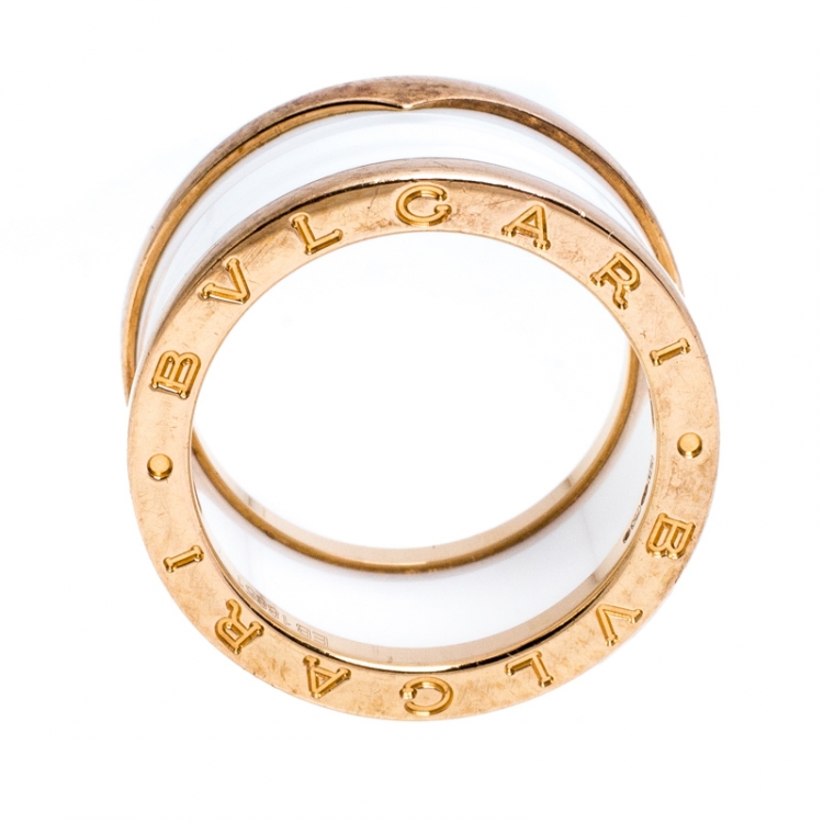 Pre Owned Bvlgari B.Zero1 4 Band White Ceramic 18k Rose Gold Ring Size 56