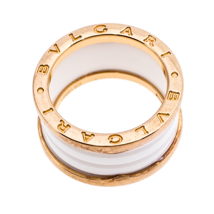 Pre Owned Bvlgari B.Zero1 4 Band White Ceramic 18k Rose Gold Ring Size 56