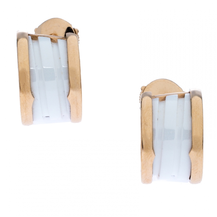 Pre Owned Bvlgari B.Zero1 White Ceramic 18k Rose Gold Earrings
