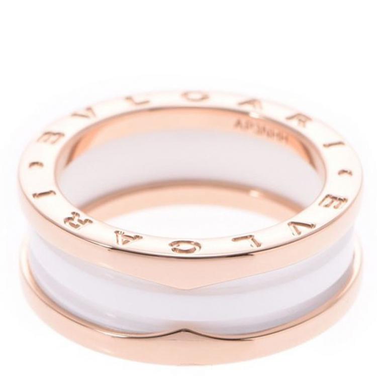 Pre Owned Bvlgari B.Zero1 2-Band White Ceramic 18k Rose Gold Band Ring Size 57